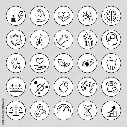 Vitality icon set for human-improving products. The outline icons are well scalable and editable. Contrasting elements are good for different backgrounds. EPS10.