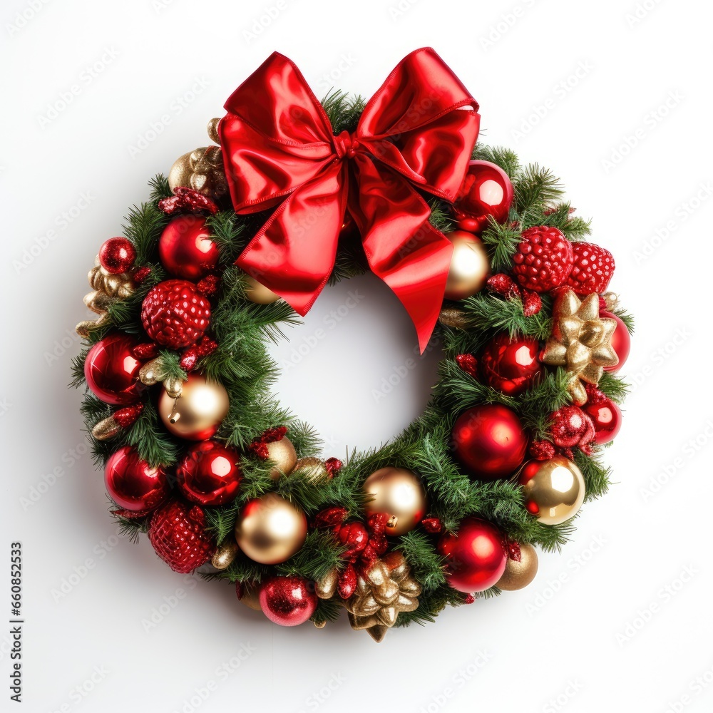 Festive Christmas Wreath with Red and Gold Ornaments on White Background Festive Christmas Wreath with Red and Gold Ornaments on White Background