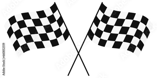 Two racing flags, flat and curly. Crossed racing flags for competition, vector illustration.