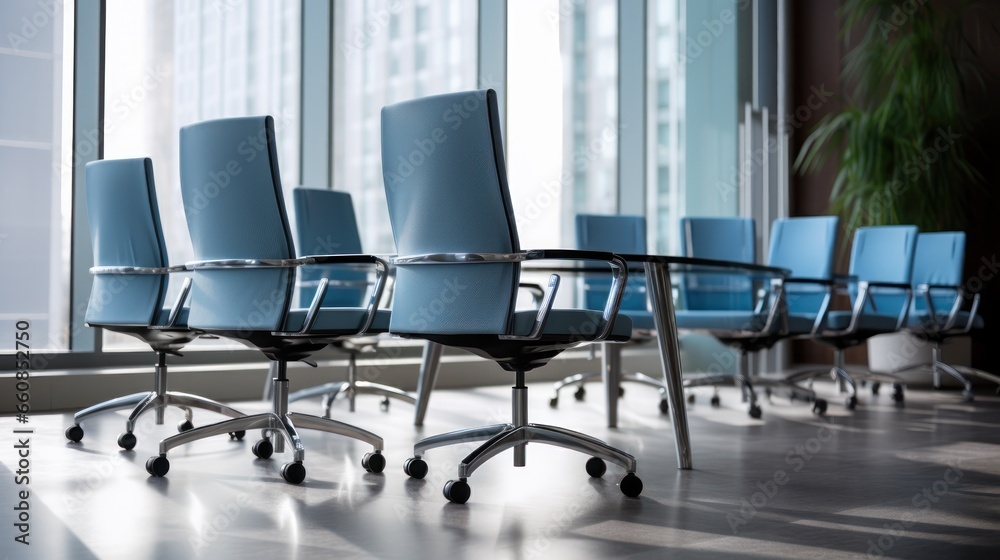 Empty office chairs lined up in a modern meeting room.