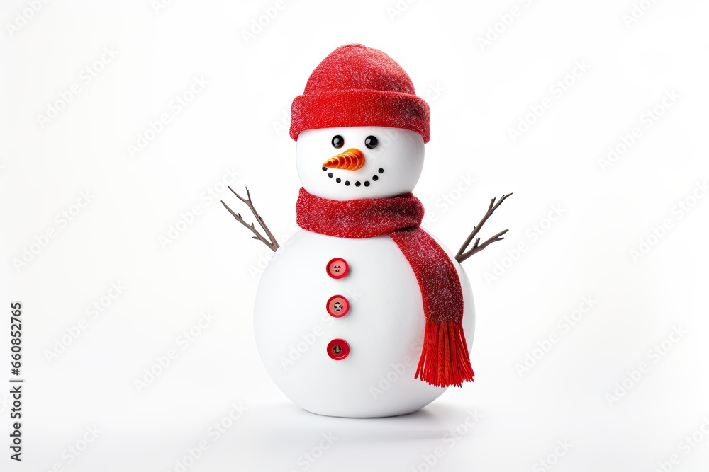 Snowman with hat and red scarf isolated in white background