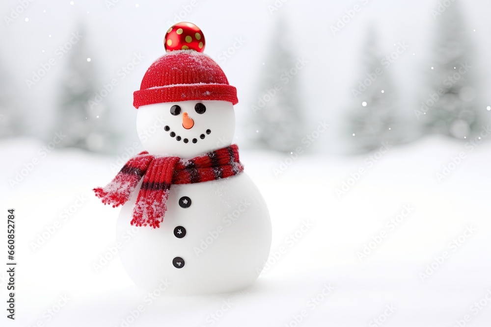 Festive Snowman in Red Scarf and Hat Enjoying Winter Fun Outdoors