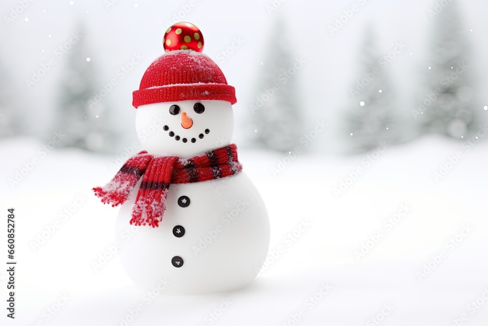 Fototapeta premium Festive Snowman in Red Scarf and Hat Enjoying Winter Fun Outdoors