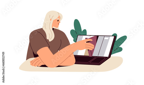 Online electronic library concept. Student choosing book to read in internet. Buying ebook in digital web bookstore at laptop computer. Flat graphic vector illustration isolated on white background