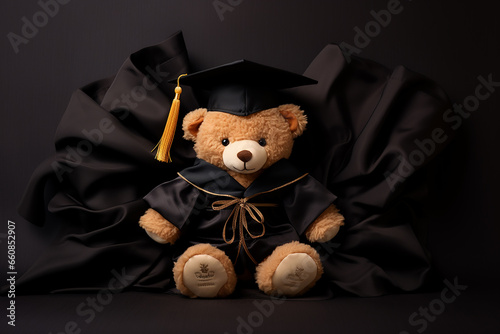 Generative AI Image of Teddy Bear Wearing a Graduation Toga on Dark Background