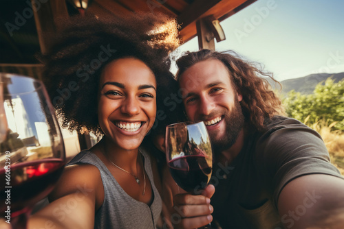 friends drink wine and take selfies