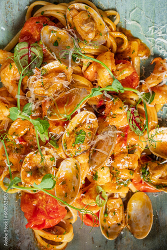 seafood pasta on the wooden background