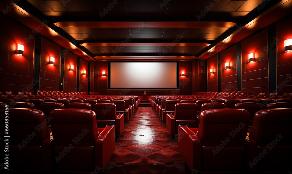A meticulously arranged cinema hall bathed in a rich red hue, showcasing a vast white blank screen awaiting a projection