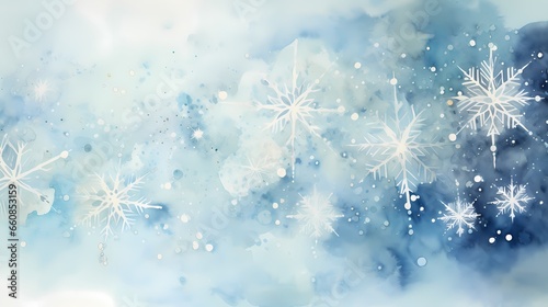 Winter watercolor background with snowflakes and bokeh lights