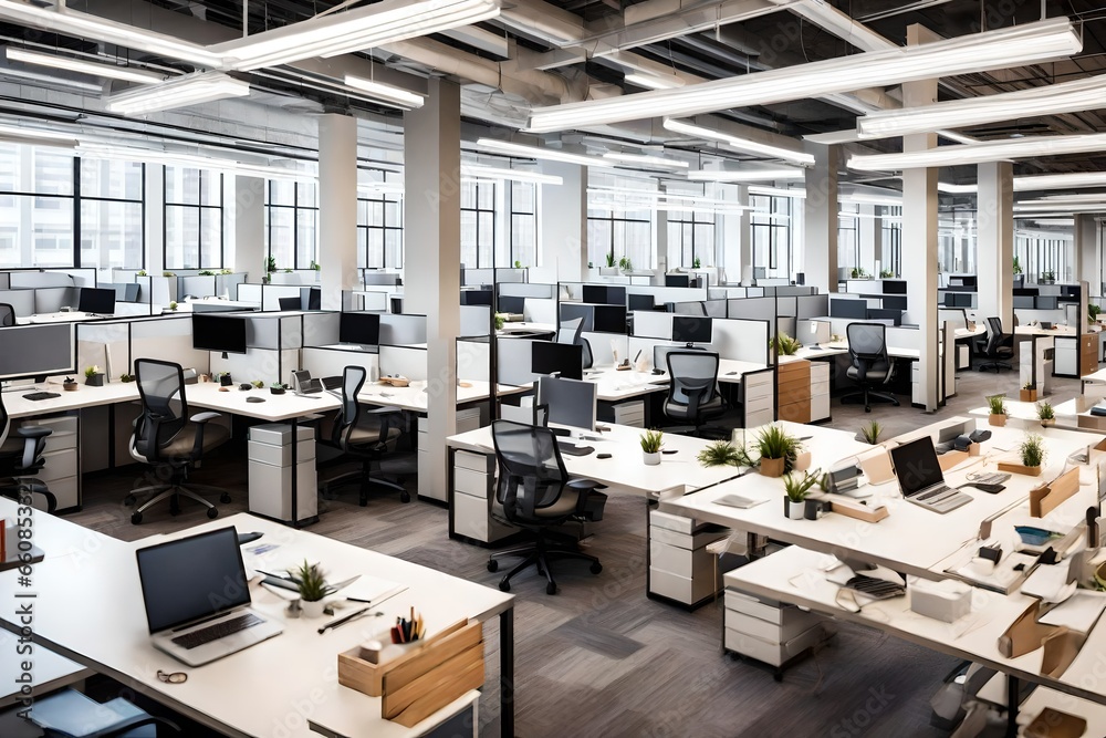 An open-plan office space with rows of cubicles and employees working ...