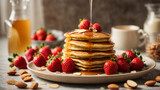 Stacked blueberry pancakes on plate with syrup fruits on white plate pancakes with strawberries red currants