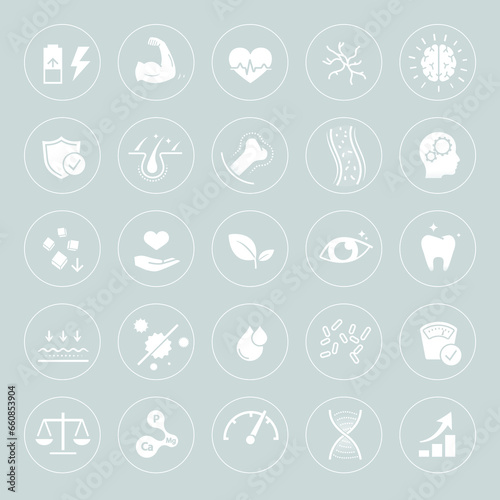 Vitality icon set for human-improving products. The outline icons are well scalable and editable. Contrasting elements are good for different backgrounds. EPS10.