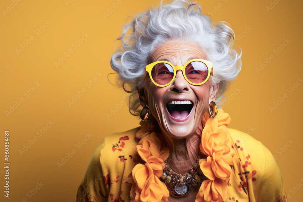 Vibrant elderly woman joyfully knitting against a bold yellow background. Vibrant elderly woman joyfully knitting against a bold yellow background.