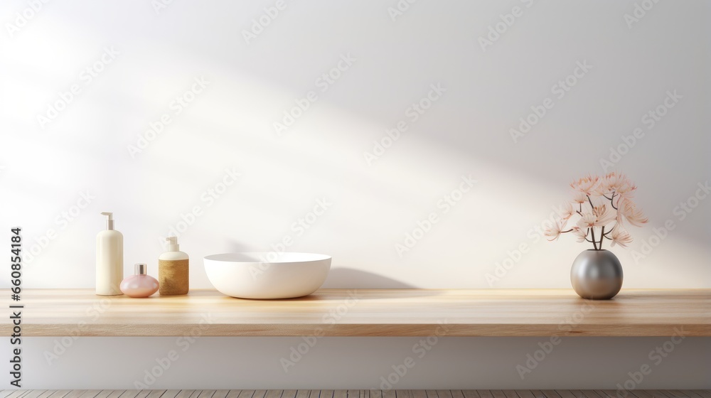 An empty wooden table surface for displaying products, set against a blurred bathroom interior background.