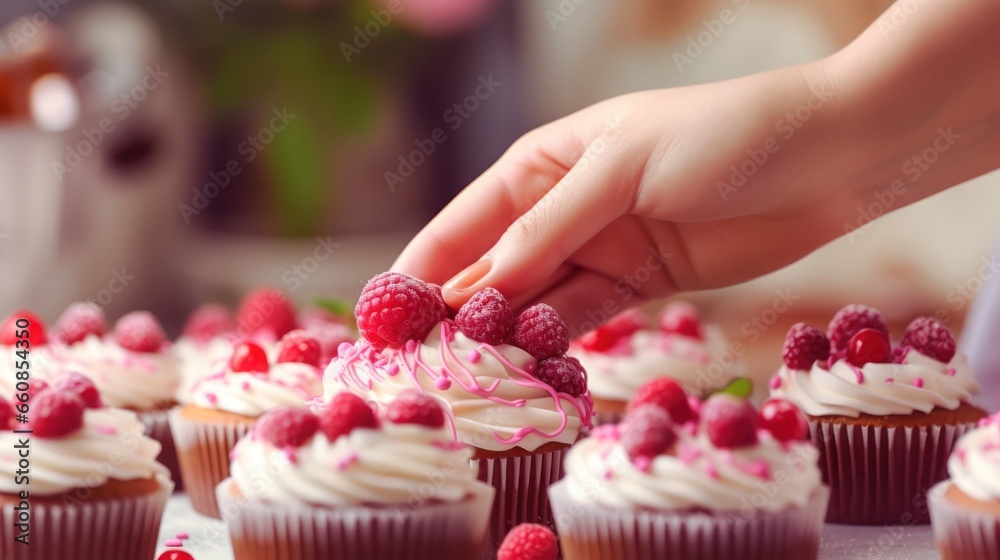 A confectioner's hands, belonging to a woman, are decorating cupcakes with raspberries.