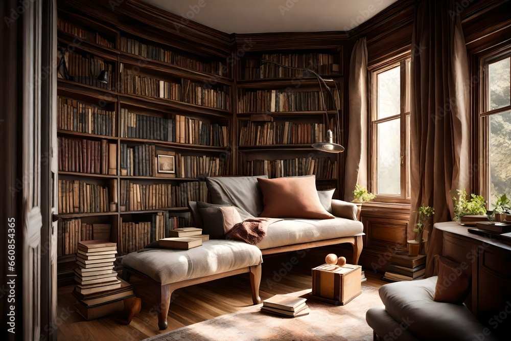A cozy reading nook by a window, bathed in soft natural light, with a bookshelf filled with books.