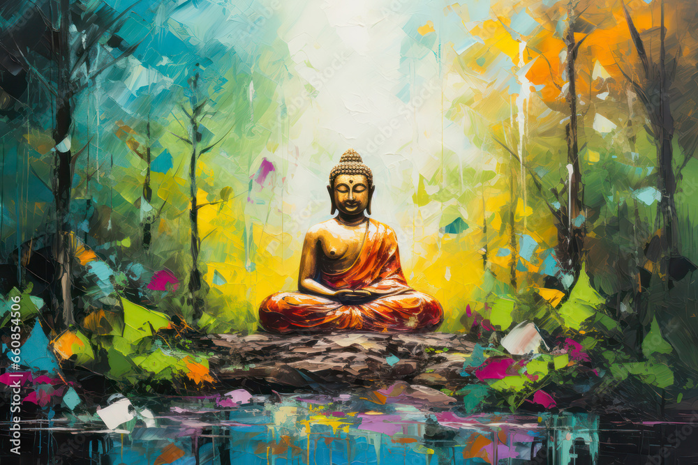 Illustration of meditating buddha statue - obrazy, fototapety, plakaty 
