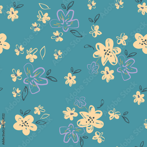 Classic style background hand drawn, doodle, floral, daisies. large, abstract artistic flower buds. Simple summer botanical in trendy flat design. Textile, fabric and fashion. Sketchy floral print.