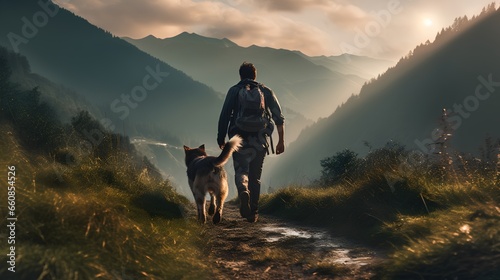 Dog running with its owner in mountain landscape. Active, healthy and adventurous lifestyle shared together between a pet and its owner. Strong bond while exploring the great outdoors. Freedom feeling