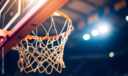 Detail of basket ball being dunk into the basketball net. photo