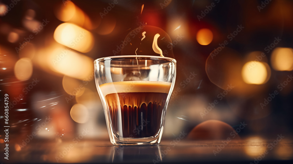 Fototapeta premium Coffee cup latte, espresso, milk foam decorated with autumn winter festive bokeh lightbulb christmas background, coffee beans roasted on a table copy space banner.