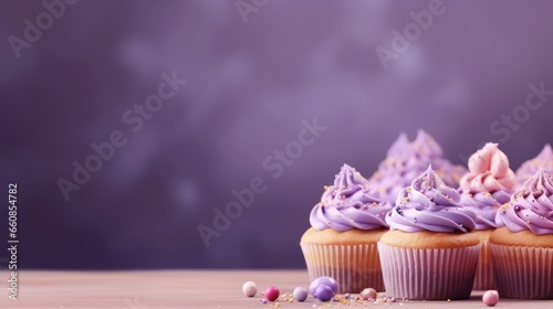 Cupcake for celebreat birthday party and for presentation advertising a new menu on colorful pastel background,dessert food concept,with copy space. photo