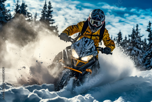 Athlete on a snowmobile moving on the snow