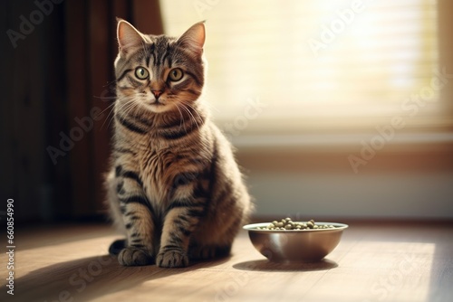 The cat is sitting near a bowl of dry food against the background of the window.