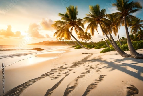 A sun-drenched beach with palm trees swaying gently in the breeze.