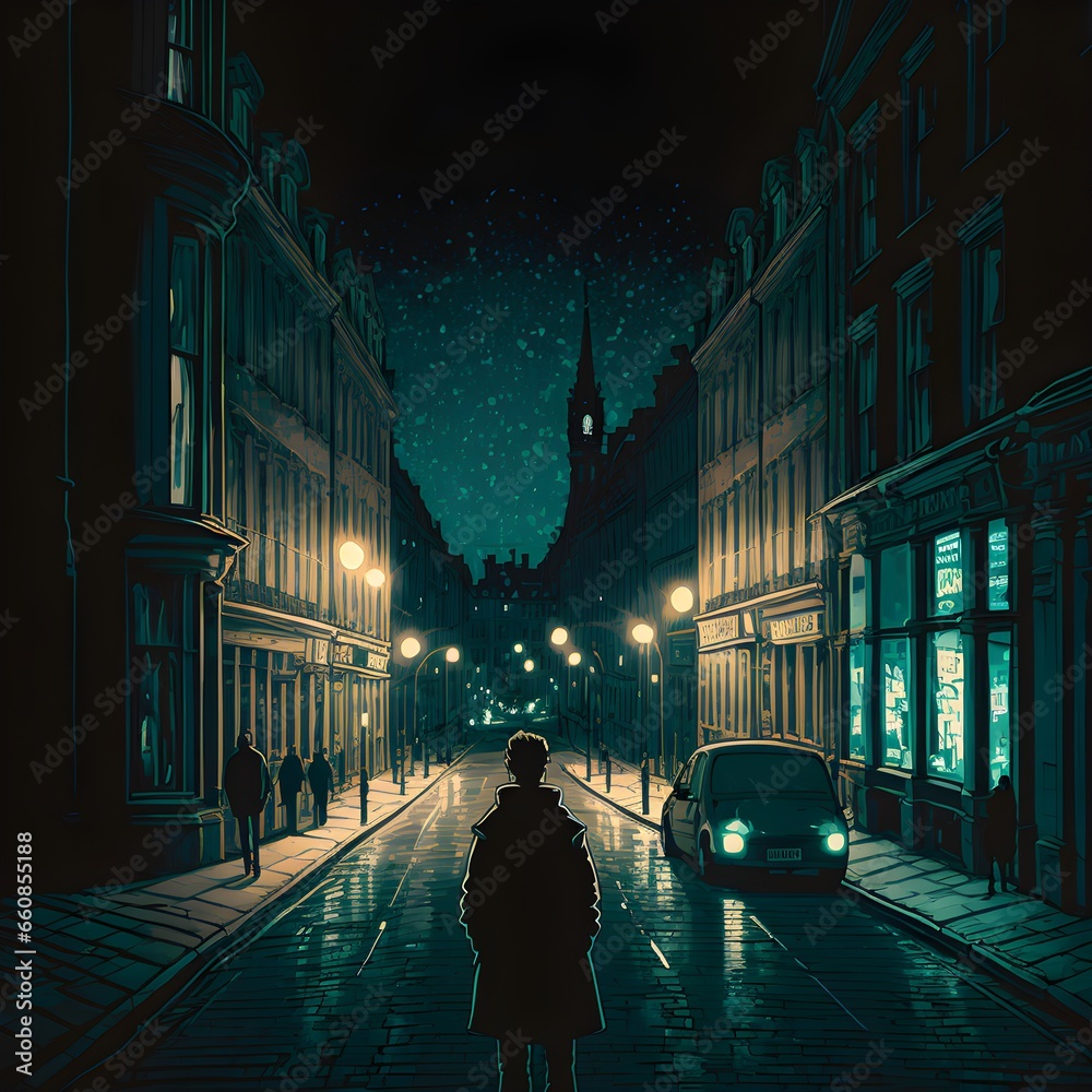 Naklejka premium endless dublin streets at night drawn in anime style a mysterious person in the distance 