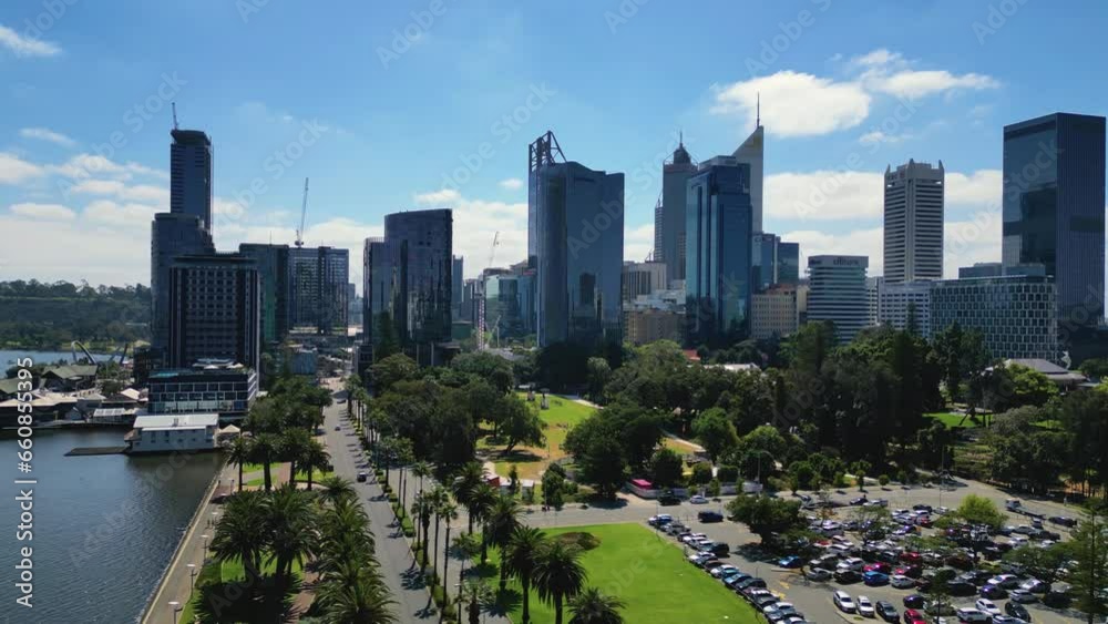 panoramic view of Perth cityscape skyscraper from Elizabeth Quay during a sunny blue sky day, panoramic view of Perth cityscape skyscraper from Elizabeth Quay during a sunny blue sky day,