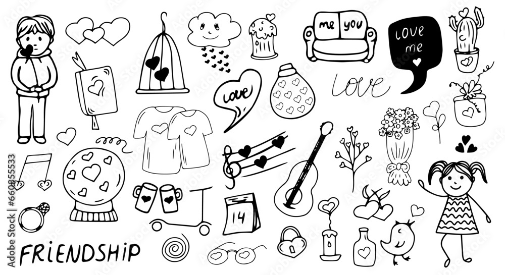 Naklejka premium Big friendship and love clipart set. Hand drawn icons. Doodle collection with quotes, accessories, clothes, drinks, party decorations.
