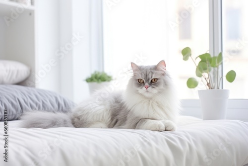 The cat is lying on a white bed in a modern bedroom.