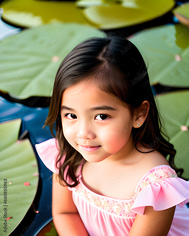 Mała dziewczynka o orientalnej urodzie z gługimi, ciemnymi włosami na tle zielonych liści lotosu - obrazy, fototapety, plakaty 