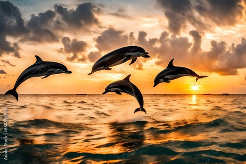 A playful group of dolphins leaping gracefully out of the water in the Maldivian archipelago  their silhouettes against the setting sun.