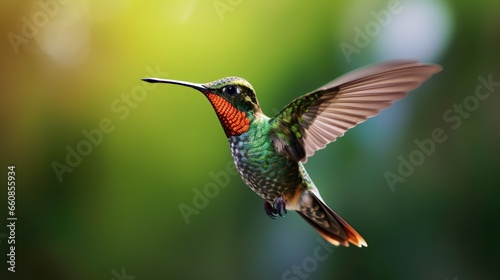 hummingbird, Anthracothorax nigricollis in flight in action looking for flower nectar, with blur nature background