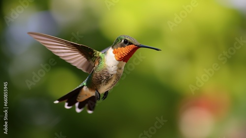 hummingbird, Anthracothorax nigricollis in flight in action looking for flower nectar, with blur nature background