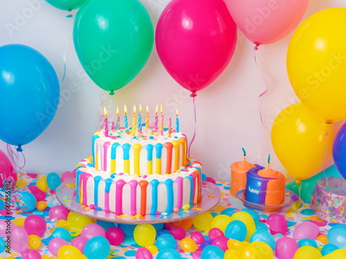 Birthday party balloons, colorful balloons background and birthday cake with candles, celebrations, party, cake, cinematic lighting