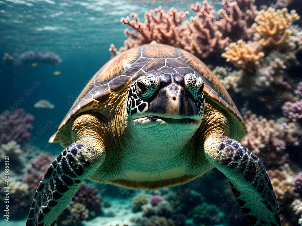 Obraz premium Elegance sea turtle swimming undersea