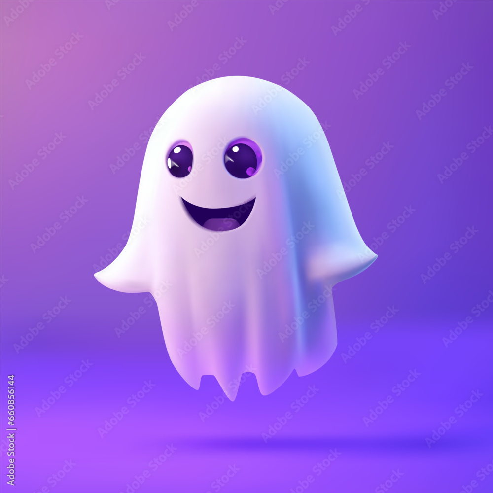 Cute Halloween ghost smiling on a purple background. Vector 3D illustration Cute Halloween ghost smiling on a purple background. Vector 3D illustration