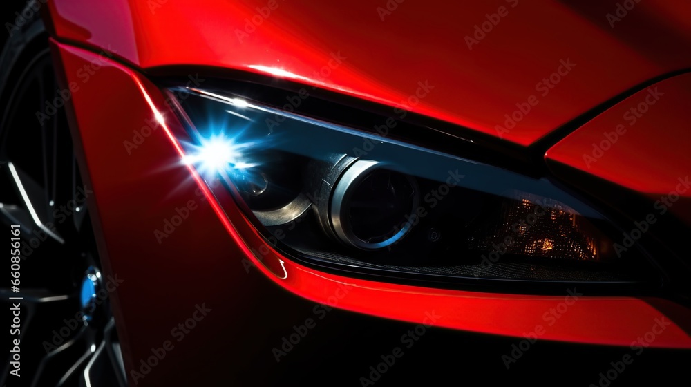 modern front red car headlights on black background