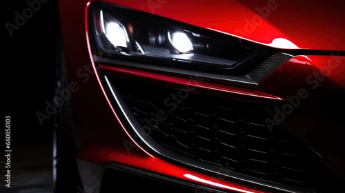 modern front red car headlights on black background © Beny