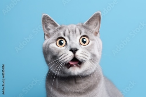 The muzzle of a surprised cat on a blue background.