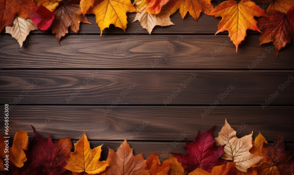 Obraz premium wooden background with autumnal leaves, copy space frame