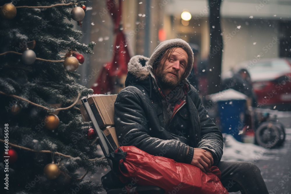 Homeless people at Christmas, concept of hopelessness, hardship and loneliness. - obrazy, fototapety, plakaty 