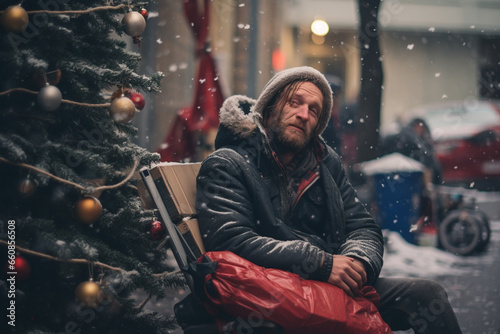 Homeless people at Christmas, concept of hopelessness, hardship and loneliness. photo
