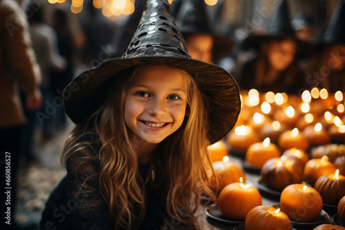 Young Girl Dressed as Witch at Halloween Party Smiling and Looking at Camera in October"
