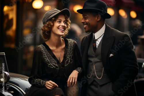 Happy Interracial Couple in 1920s American City Walking the Streets photo