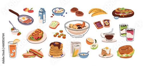 Breakfast set. Morning healthy meals: fried egg with bacon, pancakes, granola, omelette, pudding, cereal with milk, coffee. Tasty food, delicious dishes. Flat isolated vector illustration on white
