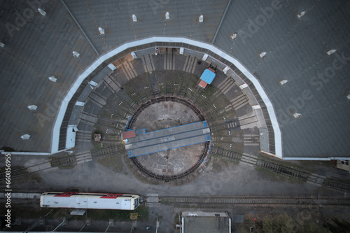 railway turntable or wheelhouse is a device for turning locomotives aerial panorama landscape view of train museum and railway station